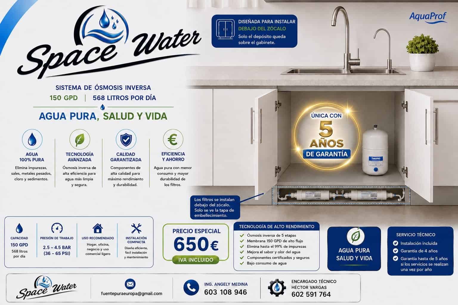 Sistema de agua pura con tecnología avanzada y garantía de 5 años.